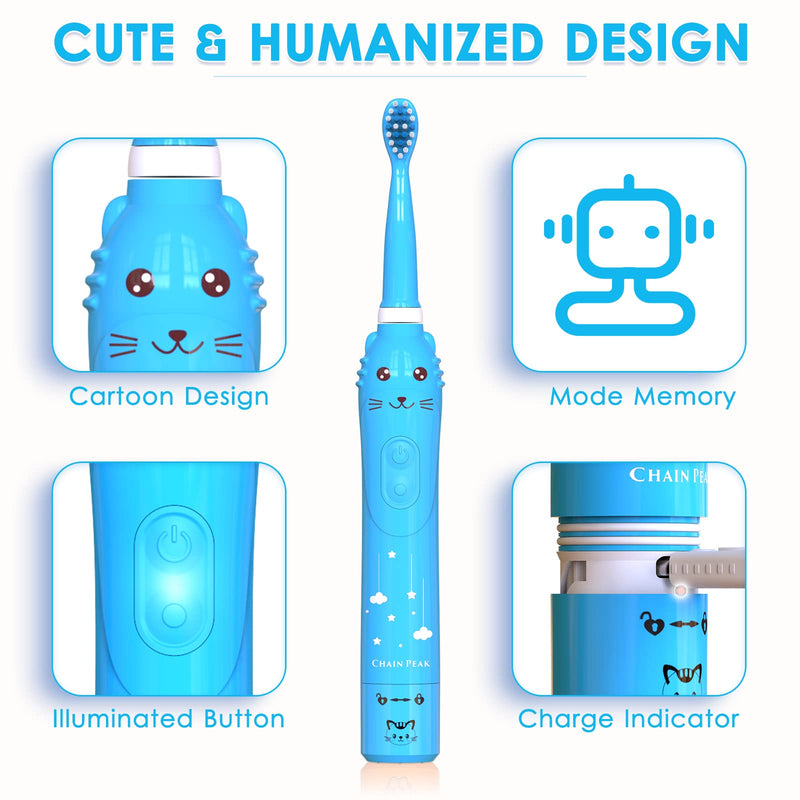 Kids Sonic Electric Toothbrush, Rechargeable Smart Toothbrush for Children, Sonic Toothbrush for Boys Girls Age 3-12 with 30s Reminder, 2 Mins Timer, 6 Modes, 4 Brush Heads, Wall-Mounted Stand… 8650 Blue+4 Heads+ Stand - NewNest Australia