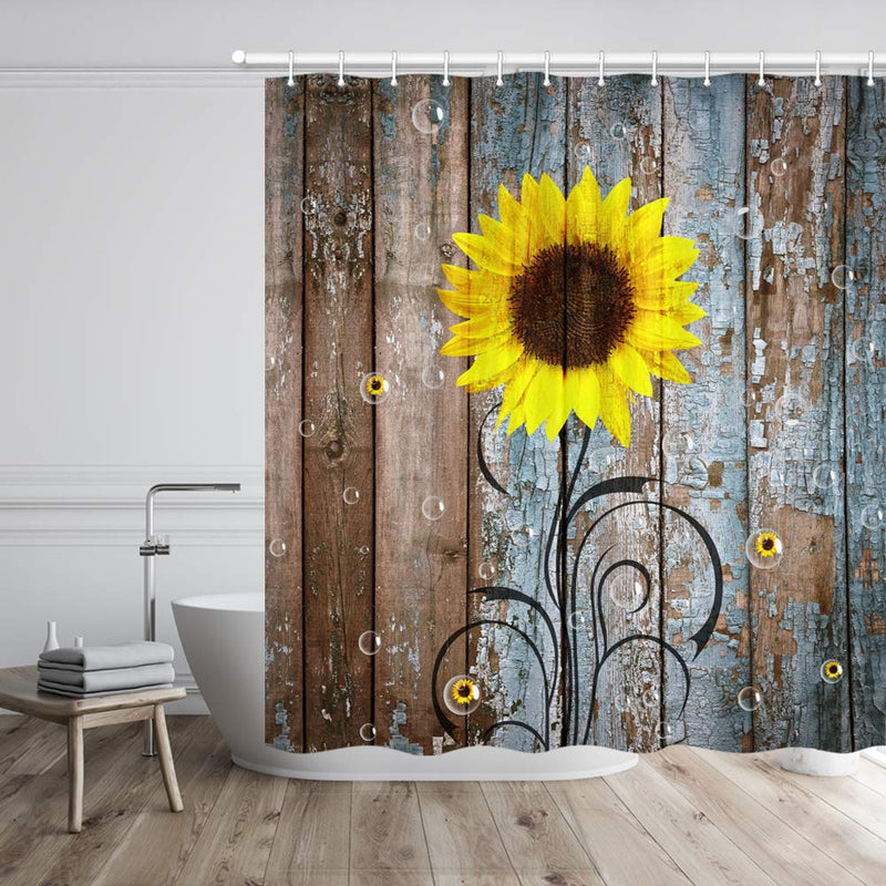 Rustic Sunflower Shower Curtain, Farmhouse Country Floral Flower on Rustic Rural Barn Wooden Fabric Shower Curtain, Yellow Brown Bathroom Curtains with Hooks Sets, 69x70inches 69x72inches - NewNest Australia