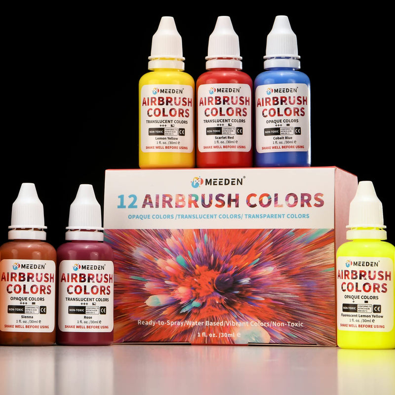 MEEDEN Airbrush Paint Kit, 12 Colors(30 ml/1fl oz.), Ready to Spray, 2 Neon Colors, Water-Based Non-Toxic for Canvas, Fabric, Wood Craft, Model, Great Airbrush Starter Kit, Acrylic Airbrush Paints Set - NewNest Australia