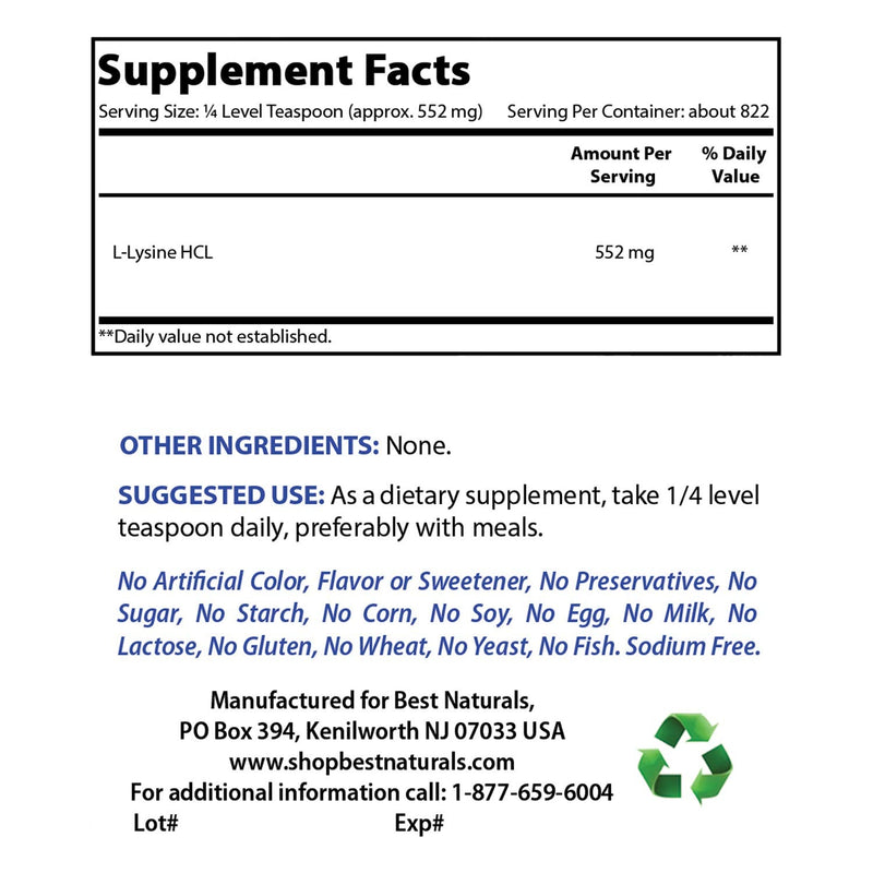 Best Naturals Lysine Powder, 1 Pound - 100% Pure (1 LB (Pack of 1)) 1 Pound (Pack of 1) - NewNest Australia