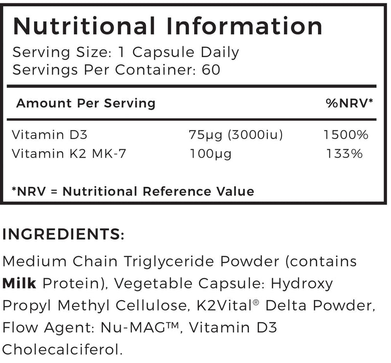 Vitamin D3 + K2 MK-7 (K2VITAL® - Superior Form of K2) by LLS | 60 Capsules | 3000iu D3 + 100μg K2 MK-7 | Includes MCT Powder for Increased Absorption | Love Life Supplements - Premium UK Supplements - NewNest Australia