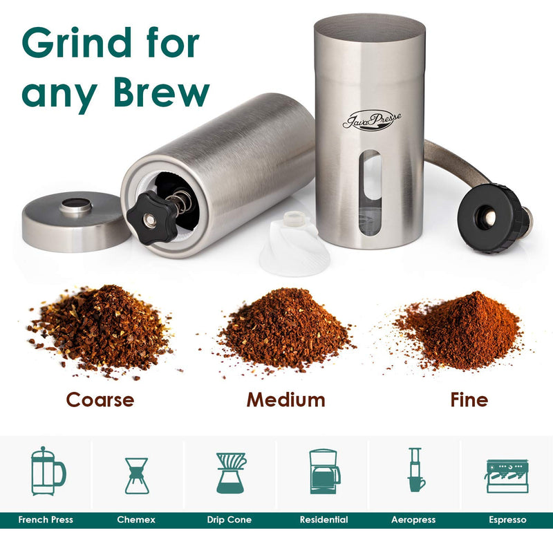 NewNest Australia - JavaPresse Manual Coffee Grinder with Adjustable Setting - Conical Burr Mill & Brushed Stainless Steel Whole Bean Burr Coffee Grinder for Aeropress, Drip Coffee, Espresso, French Press, Turkish Brew 