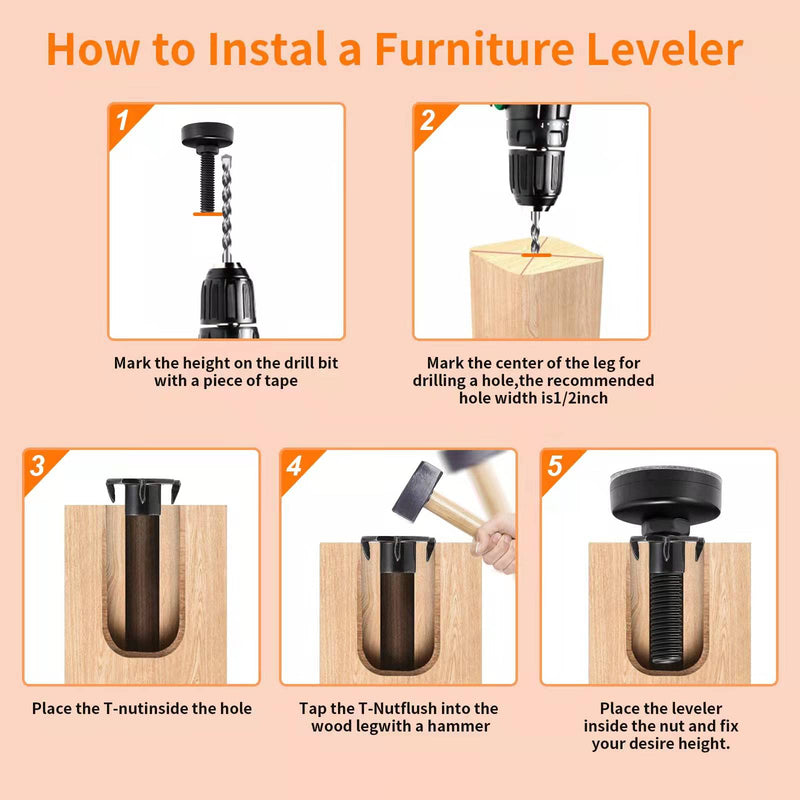Furniture Levelers, Adjustable Leveling Feet for Furniture Leg Levelers, Table Chairs Cabinets Sofa Raiser, Heavy Duty Support 1320LBs, T- Nut Kit 3/8”-16 Thread, Large Base (4 Set, Black) 4 Set - NewNest Australia