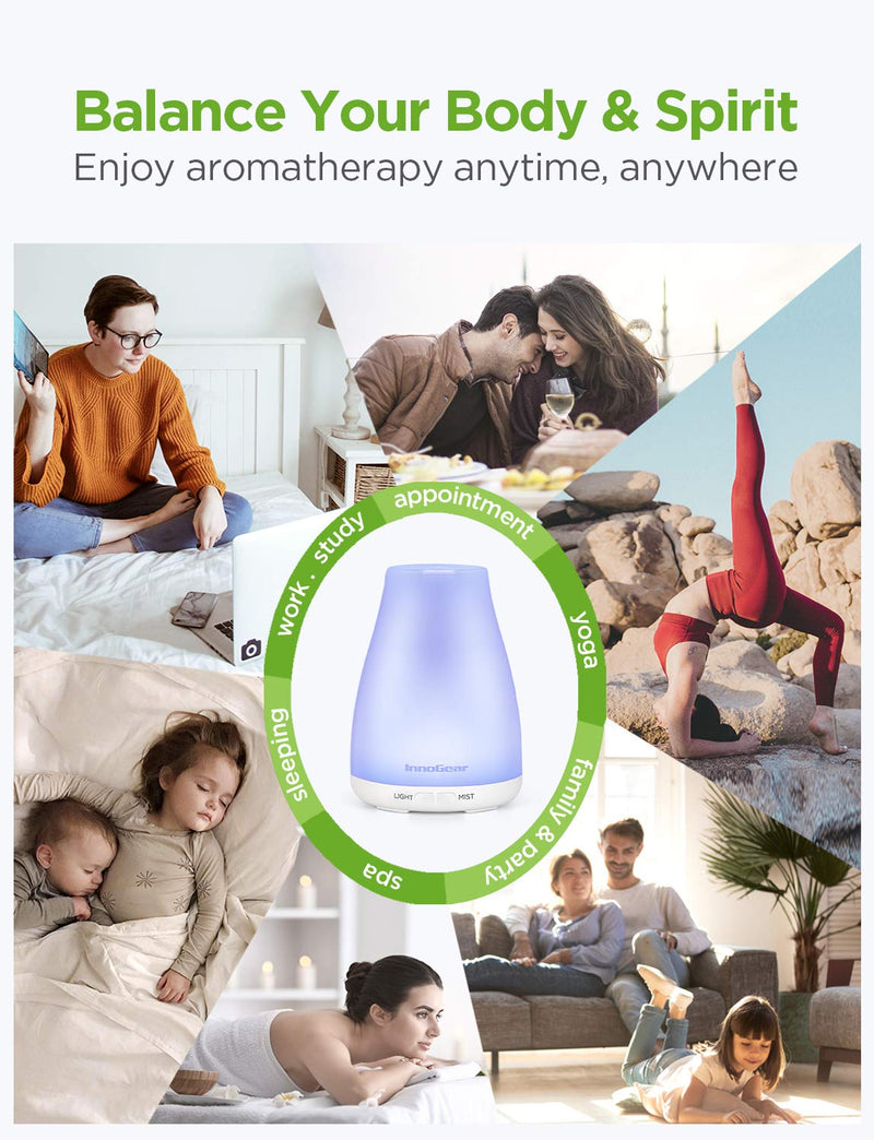 InnoGear Essential Oil Diffuser, Upgraded Diffusers for Essential Oils Aromatherapy Diffuser Cool Mist Humidifier with 7 Colors Lights 2 Mist Mode Waterless Auto Off for Home Office Room, Basic White - NewNest Australia