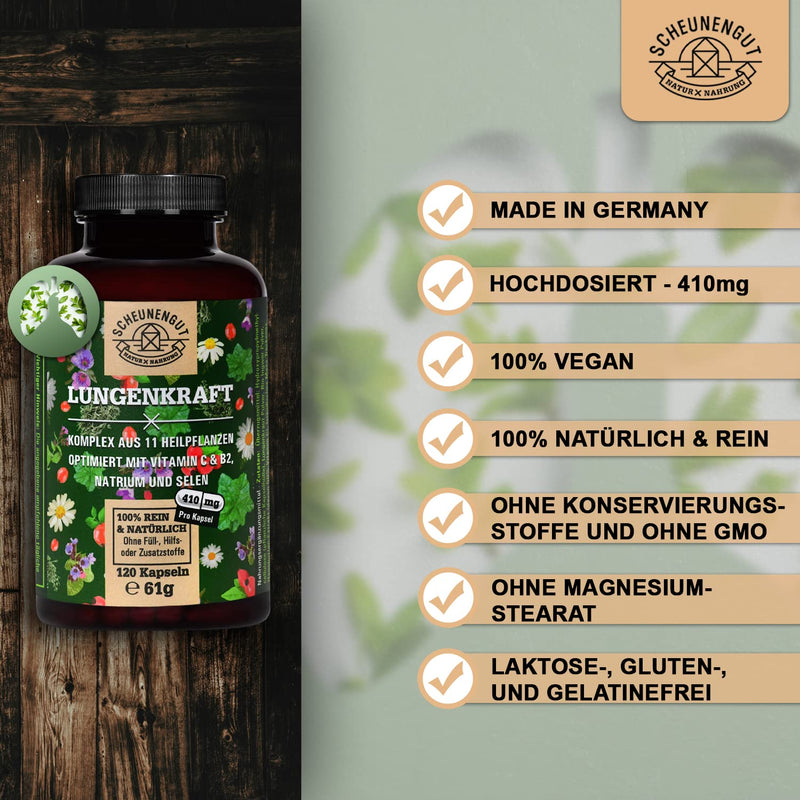 Lungenkraft Lungwort Capsules Strong - Important: Laboratory-Tested 14-Fold Complex With Lungwort, Ginger, Rose Hip, Icelandic Moss, Selenium, Sage And More I 120 Capsules I From De I Scheunengut - NewNest Australia