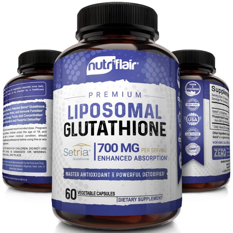 NutriFlair Liposomal Glutathione Setria® 700mg - Pure Reduced, Stable, Active Form L Glutathione reductase (GSH), Enhanced Absorption - Non GMO Antioxidant, Detox, Cardiovascular, Brain, Immune Health - NewNest Australia