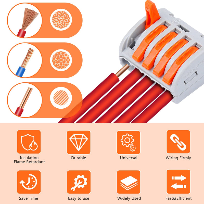 Delgada Compact Lever Wire Connector kit,100PCS Reusable 2/3/4/5 Port Push-in Nut Conductor Wiring Terminals kit for Stranded Solid&Flexible Wires,Universal Quick Splicing Wire Connectors 100PCS - NewNest Australia