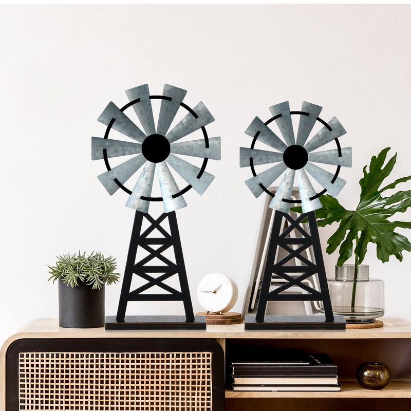 Set of 2 Wooden Farmhouse Windmill Table Top Decor Wood Small Distressed Windmill Table Decor Black Grey Rustic Windmill Themed Table Decor for Kitchen Garden Home Decor - NewNest Australia