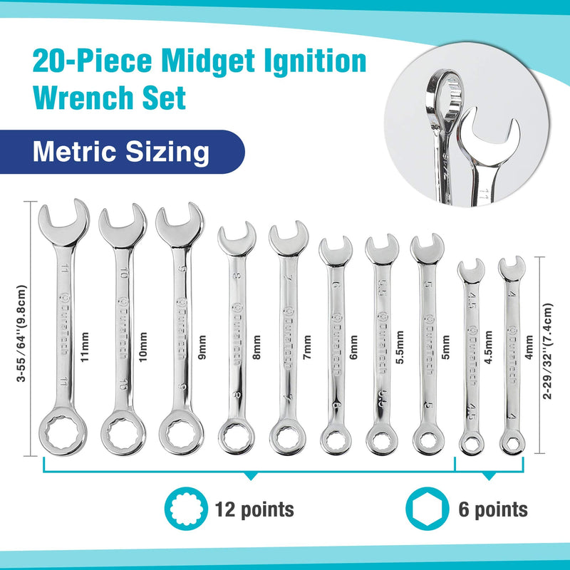 DURATECH Midget Wrench Set, Mini Combination Wrench Set, Metric & SAE, 20-Piece, 4-11mm & 5/32'' to 7/16'', Lightweight, with Rolling Pouch - NewNest Australia