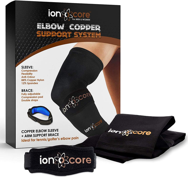 Ionocore® Elbow Support Protection System | Copper Compression Sleeve & Tennis Elbow Support Strap | Tennis Elbow, Golfers Elbow, Pain Relief | Joint & Forearm Protection | MEDIUM: 10.5"-12" - NewNest Australia