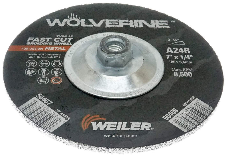 Weiler 56468 Wolverine 5/8" 11 Arbor, 1/4" Thickness, 7" Diameter, A24R Grit, Type 27 Grinding Wheel 7" Dia Type 27 5/8" Arbor - NewNest Australia
