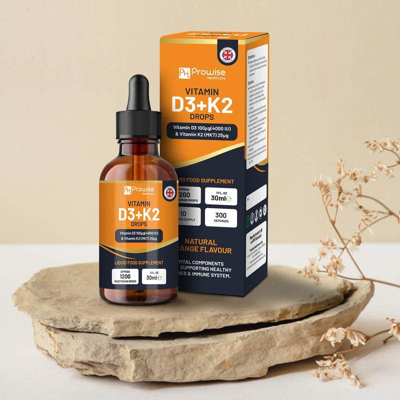 Vitamin D3 4000iu + K2 MK7 25µg I Orange Liquid Drops I High Strength 4000iu D3 + 25µg K2- 30ml Bottle I Fast Absorption I 1200 Vegetarian Drops - Made in UK by Prowise Healthcare - NewNest Australia
