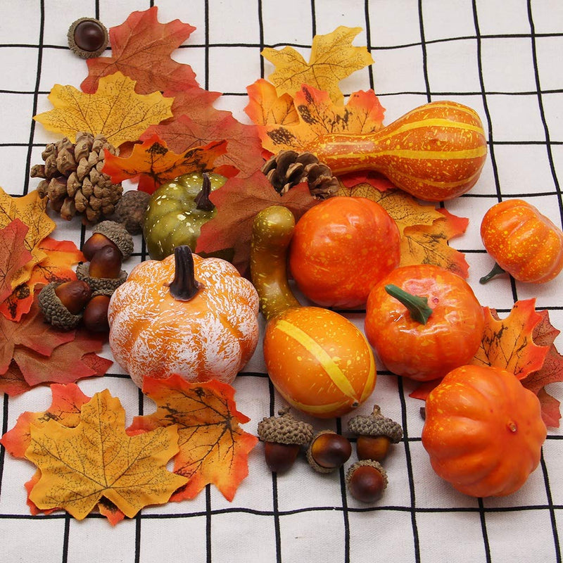 NewNest Australia - winemana Thanksgiving Artificial Pumpkins Home Decoration Set, Mixture of 50 Artificial Harvest Decoration, 30 Fake Maple Leaves + 10 Fake Acorns + 2 Fake Pinecones + 8 Fake Pumpkins 