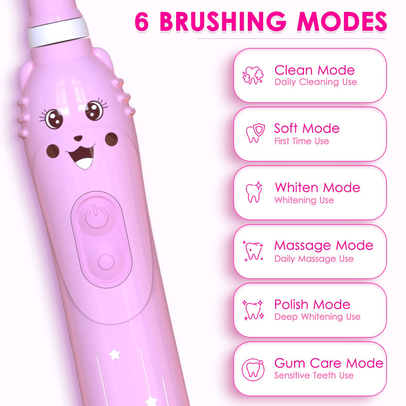 Kids Sonic Electric Toothbrush, Rechargeable Smart Toothbrush for Children, Sonic Toothbrush for Boys Girls Age 3-12 with 30s Reminder, 2 Mins Timer, 6 Modes, 4 Brush Heads, Wall-Mounted Stand… 8650 Pink+4 Heads+ Stand - NewNest Australia