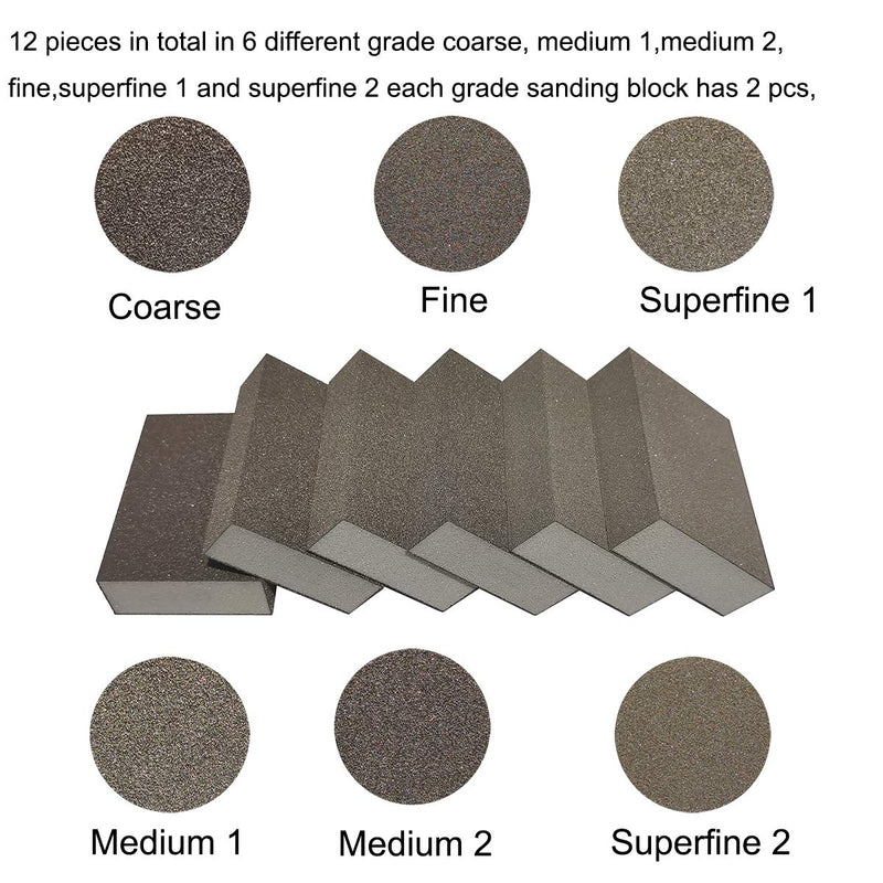 12 Pack Sanding Sponge,Sackorange Coarse/Medium/Fine/Superfine 6 Different Specifications Sanding Blocks Assortment,Washable and Reusable 12 - NewNest Australia