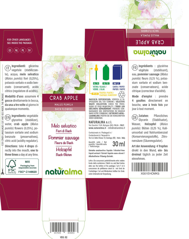 Crab Apple (Malus pumila) Naturalma Bach Flowers | No. 10 | Drops 30 ml | Alcohol-Free Liquid Extract | Flower essences | Vegan and Without Alcohol - NewNest Australia
