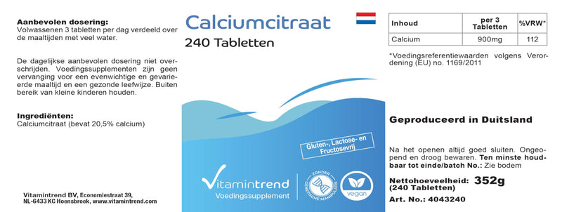 Calcium 900mg - made from calcium citrate - 240 vegan calcium tablets - high dosage | Vitamintrend® - NewNest Australia