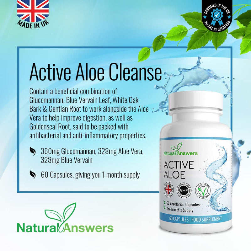 60 Active Aloe Cleanse, Aloe Vera & Glucomannan Capsules - (1 Months Supply) Vegetarian Friendly, Colon Cleanse Aloe Vera Food Supplements - Made in The UK by Natural Answers 60 Count (Pack of 1) - NewNest Australia