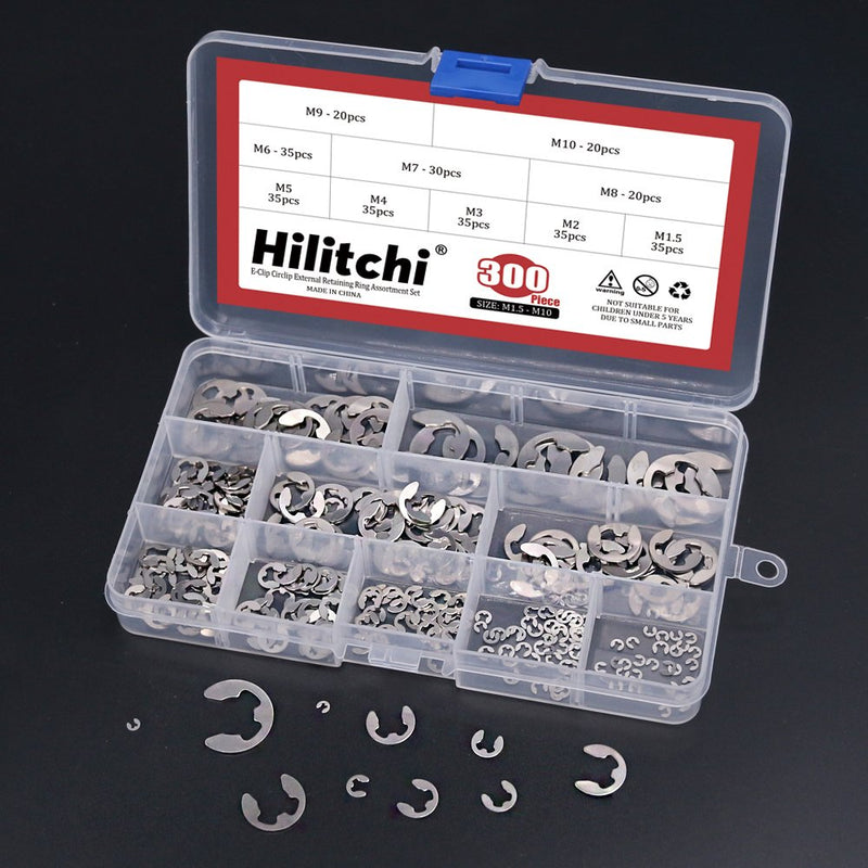 Hilitchi 300-Pcs 304 Stainless Steel E-Clip Circlip External Retaining Ring Assortment Set - NewNest Australia