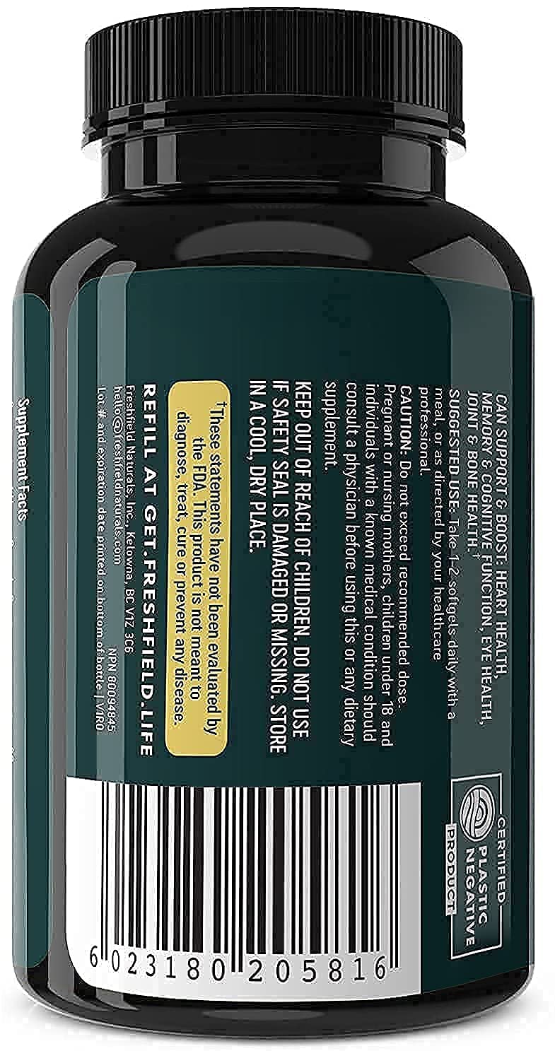 Freshfield Vegan Omega 3 DHA Supplement: Premium Algae Oil, 2 Month Supply, Plant Based, Sustainable, Premium and Mercury Free. Better Than Fish Oil! Supports Heart, Brain, Joint Health - w/ DPA Natural 60 Count (Pack of 1) - NewNest Australia