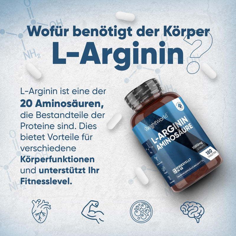 Pure L-Arginine - 1000mg per vegan tablet - 6 month supply for sports & energy - Essential amino acid as a protein building block - Alternative to L Arginine powder & capsules - 180 pieces - WeightWorld L-Arginine tablets - NewNest Australia