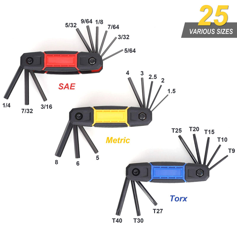 TOPLINE 25-Piece Folding Hex Key Set, SAE, Metric, Torx Allen Wrench Set Included, Folding Design for Portable, 3 Pack Allen Key for Basic Home Repair and General Applications - NewNest Australia