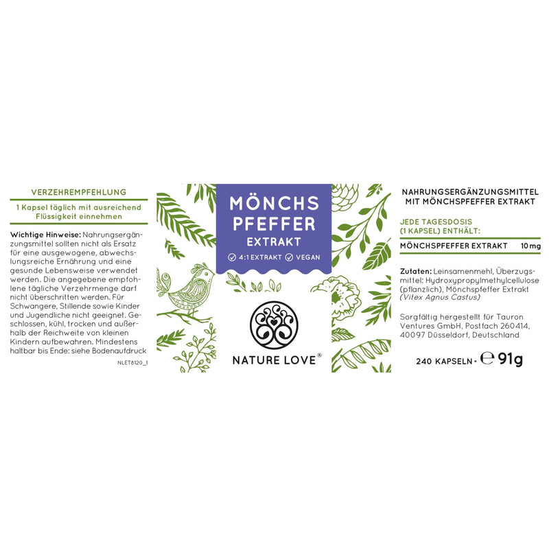 Nature Love® Premium Monk Pepper Capsules / Monk Pepper 4:1 Extract from Original Vitex Agnus Castus / High Dose 10 mg per Capsule / 240 Capsules / Additive-Free and Vegan / Made in Germany - NewNest Australia