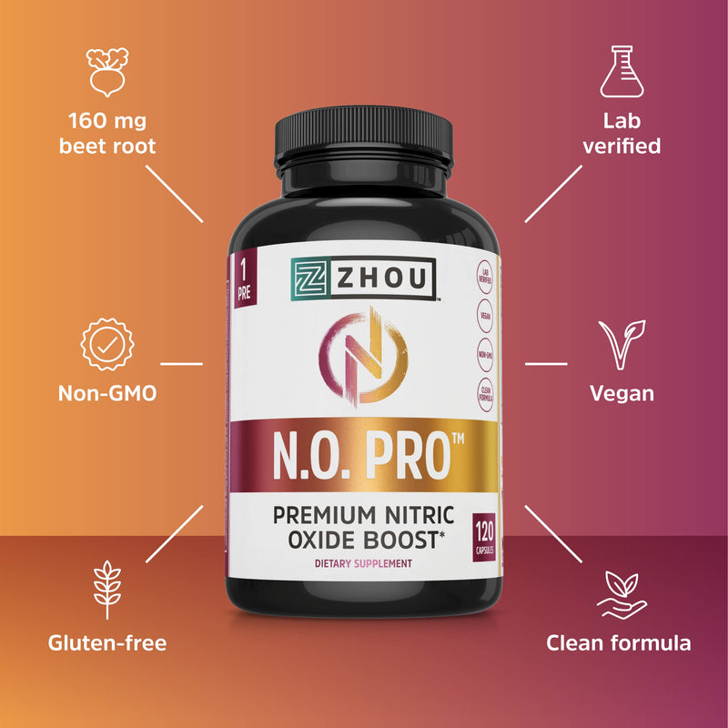 Zhou Nitric Oxide with L Arginine, Citrulline Malate, AAKG and Beet Root | Powerful N.O. Booster and Muscle Builder for Strength, Blood Flow and Endurance | 30 Servings, 120 Veggie Caps - NewNest Australia