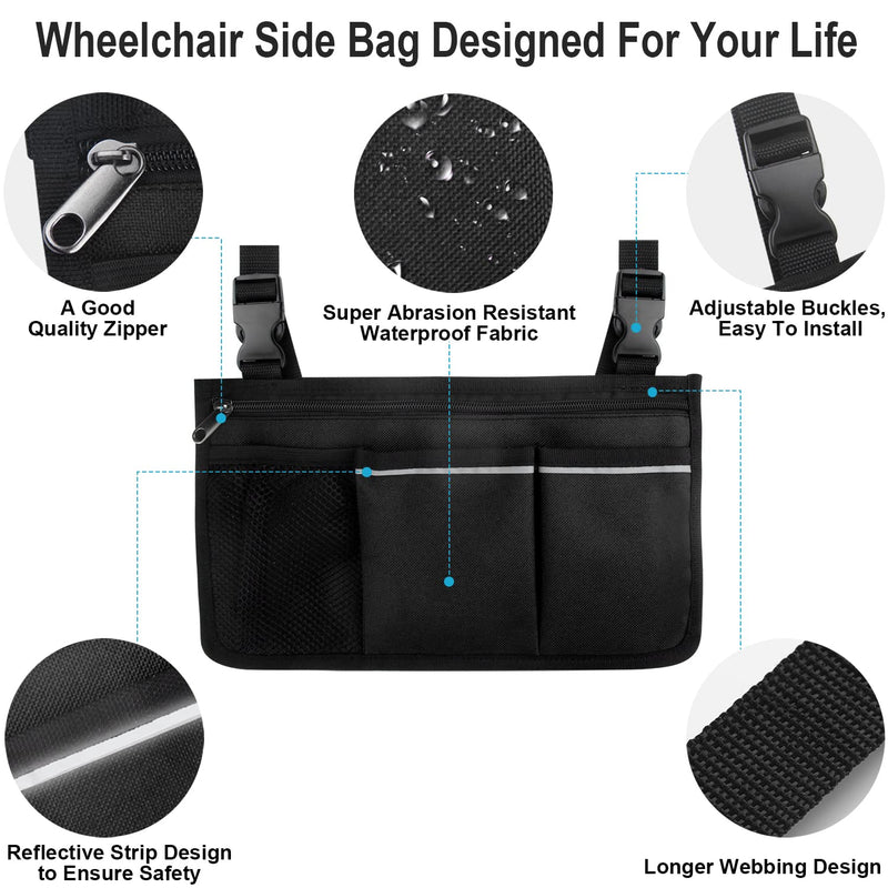 Wheelchair Side Organizer Storage Bag Armrest Pouch with Cup Holder and Reflective Stripe Use Waterproof Fabric, for Most Wheelchairs, Walkers or Rollators (Black) Black - NewNest Australia
