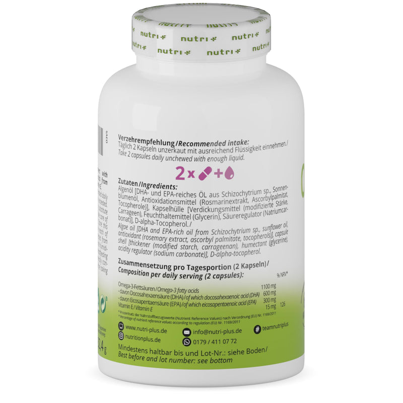 Nutri + Vegan Omega-3 from algae oil - 2000 mg algae oil high dosage with 600 mg DHA & 300 mg EPA - high-quality Omega-3 algae oil capsules (vegan) - laboratory tested - 120 capsules 120 pieces (pack of 1) - NewNest Australia