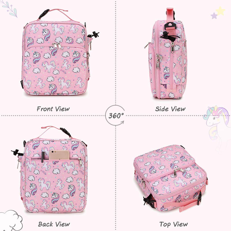 NewNest Australia - Lunch Bag for Girls,RAVUO Insulated Lunch Box for Kids Cute Unicorn Reusable Lunch Tote with Detachable Shoulder Strap and Buckle Handle Unicorn Pink 