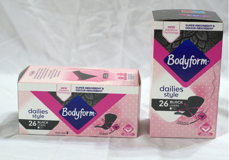 Bodyform Dailies Black Panty Liners for Women (x26) | Pack of 2 (52 Liners) | Specifically Designed for Black Underwear | Super Absorbent & Odour Absorbent | Enhanced with V-Zone Protection - NewNest Australia