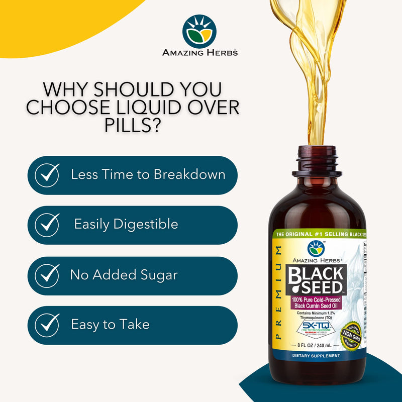 Amazing Herbs Premium Black Seed Oil - Cold Pressed Nigella Sativa Aids in Digestive Health, Immune Support, Brain Function, Joint Mobility, Gluten Free, Non GMO - 8 Fl Oz 8 Fl Oz (Pack of 1) - NewNest Australia