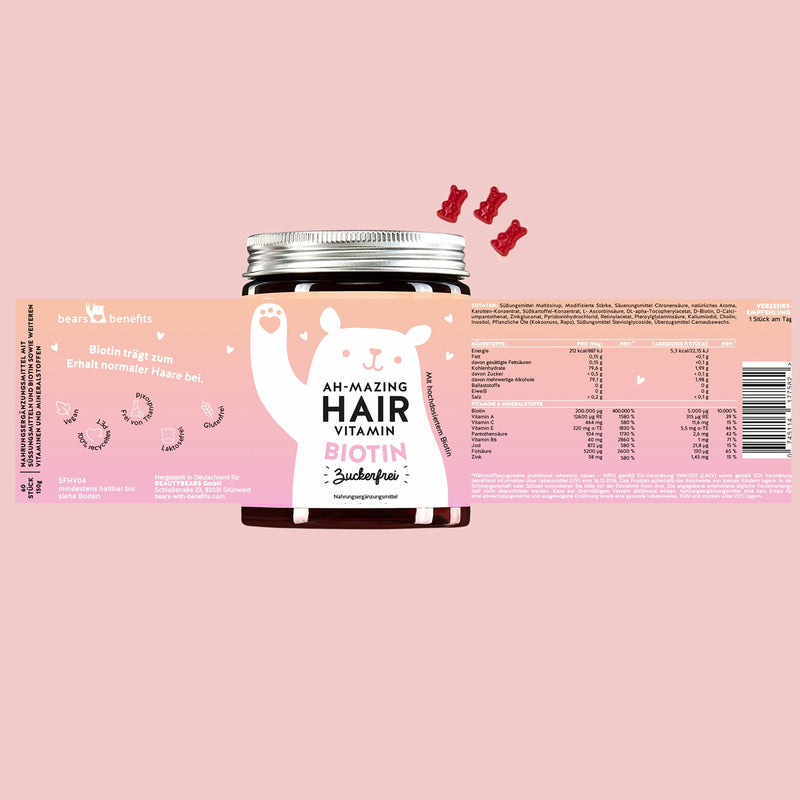 Bears w Benefits Hair Gums for Women, Sugar-Free, Made in Germany, High-Dose Dietary Supplement with Biotin, Folic Acid, Zinc - NewNest Australia