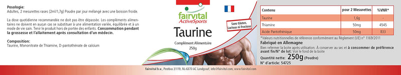 Fairvital Taurine 250 G Powder, Extra High Dose, With Thiamine And Pantothenic Acid, Pure, Without Additives, 100% Vegan, For 4.5 Months, Quality Tested, Made In Germany - NewNest Australia