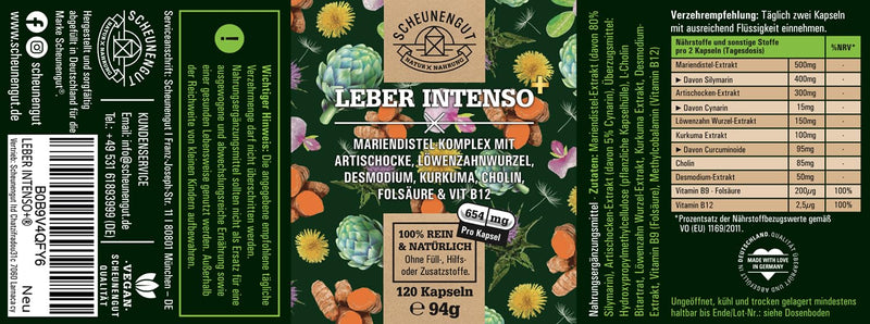 Liver Intenso+ Liver Capsules High Dose - Important: Laboratory Tested With Choline, Milk Thistle, Artichoke, Dandelion & Desmodium Plus 80% Silymarin And 5% Cynarin I 120 Capsules I From De I Scheunengut - NewNest Australia