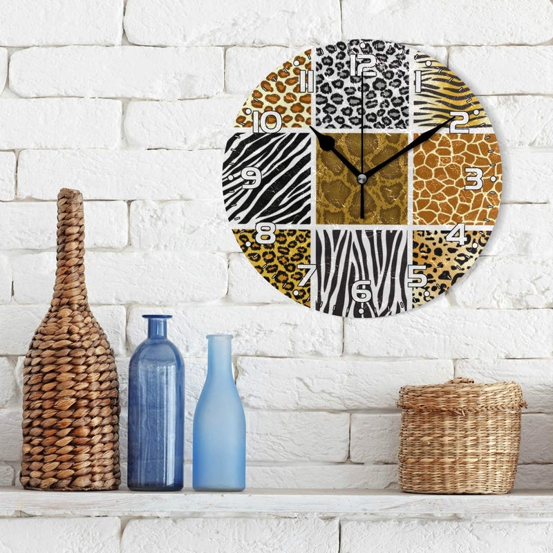 NewNest Australia - Naanle Animal Skin Leopard Print Zebra Stripe in Grid Check Round/Square/Diamond Acrylic Wall Clock Oil Painting Home Office School Decorative Creative Dual Use Clock Art 9.45"x0.2"(Round) 