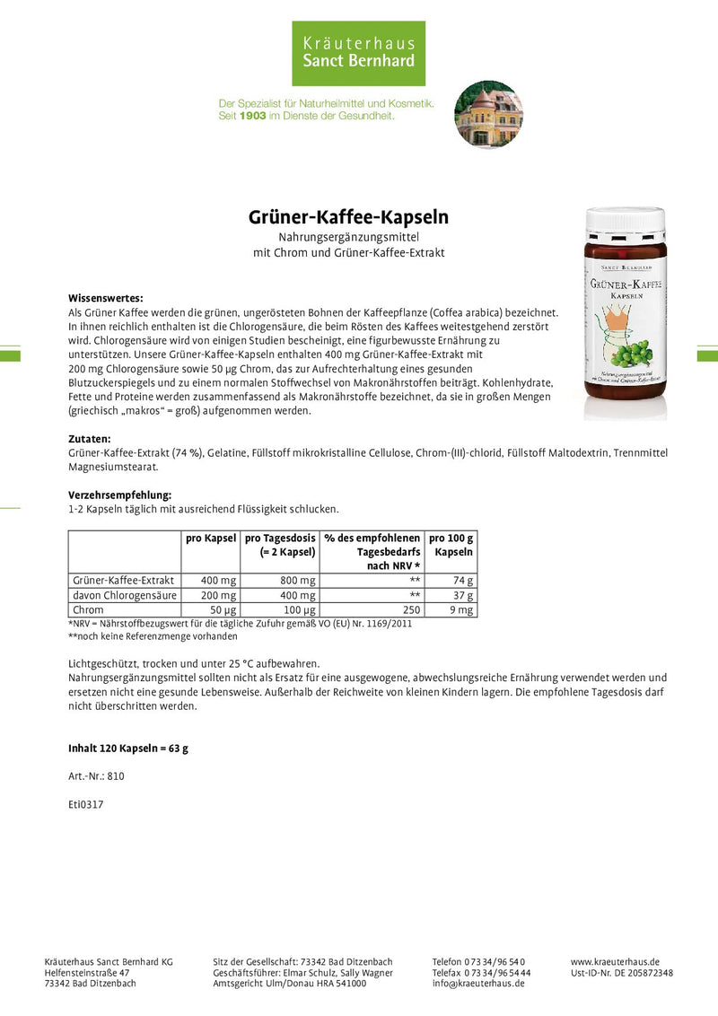 Sanct Bernhard green coffee capsules with 200 mg chlorogenic acid to support a figure-conscious diet - NewNest Australia