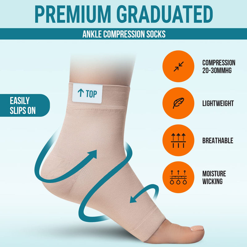 Ankle Compression Sleeve - 20-30mmhg Open Toe Сompression Socks for Swelling, Plantar Fasciitis, Sprain, Neuropathy - Nano Brace for Women and Men Medium (20-30 mmHg) Beige - NewNest Australia