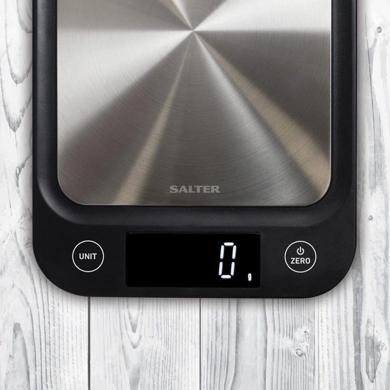Salter 1068 SSBKDR Ultra Slim Electronic Kitchen Scale, Stainless Steel Platform, Grams & oz. for Baking & Cooking, Easy Clean, Add & Weigh, Measures Liquids, Backlit Display, Black stainless steel Black, Stainless Steel Scales Single - NewNest Australia