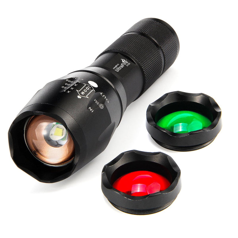 ULTRAFIRE Tactical LED Flashlight Hunting Flashlight A100 Focusable 3 Colors Exchange Glass Lens (Generate RED or Green Light ) - NewNest Australia