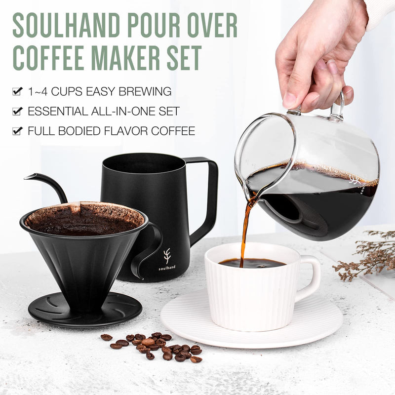 Soulhand Pour Over Coffee Brewer Set Dripper 2-3 Cups with Black Stainless Steel Filter and Manual Coffee Kettle，with 50pc Filter Paper&BPA-Free Glass Drip Sever High Heat Resistance Brewer 17oz - NewNest Australia