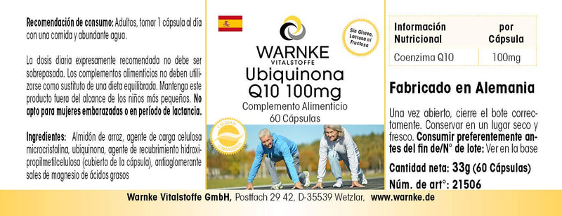 Coenzyme Q10 100mg - CoQ10 capsules - high dose - ubiquinone - 60 capsules - vegan | Warnke vital substances - NewNest Australia