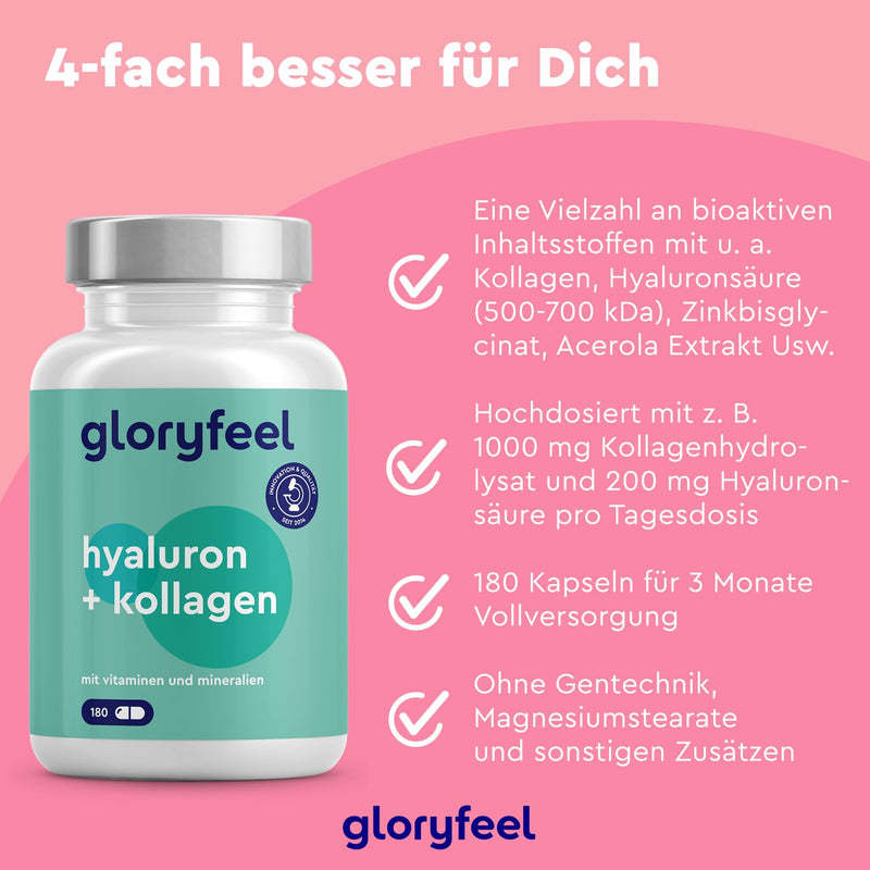 Hyaluronic Acid + Collagen, 180 Capsules, Premium Skin & Hair Complex, Plus Vitamin C From Acerola, Biotin, Selenium, Zinc & Bamboo Extract, Laboratory Tested In Germany - NewNest Australia