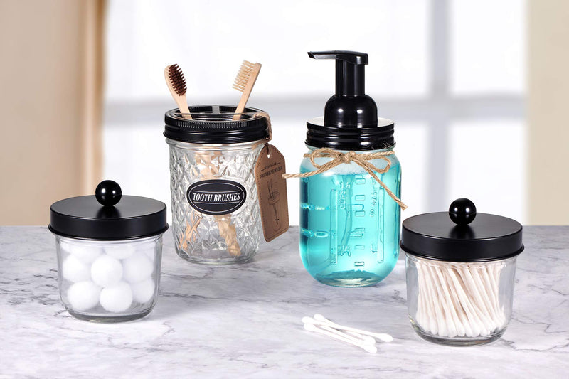 Mason Jar Bathroom Accessories Set(4 Pack) - Foaming Soap Dispenser&Qtip Holder Set&Toothbrush Holder-Rustic Farmhouse Decor Bathroom Organizer Apothecary Jar Country Countertop (Black) Black - NewNest Australia