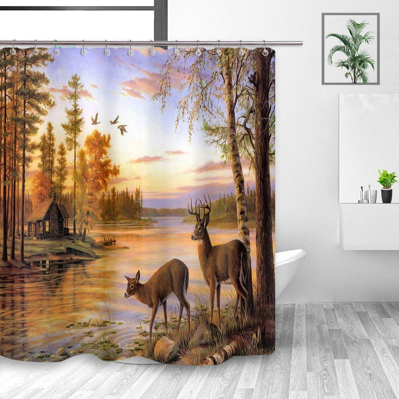 DYNH Elk Shower Curtain Animals Theme, Deer Safair in Stream River at Forest Sunset Shower Curtain, Fabric Bathroom Decor Accessories, Bath Curtains 12 PCS Hooks, 69X70IN 69"X70" - NewNest Australia