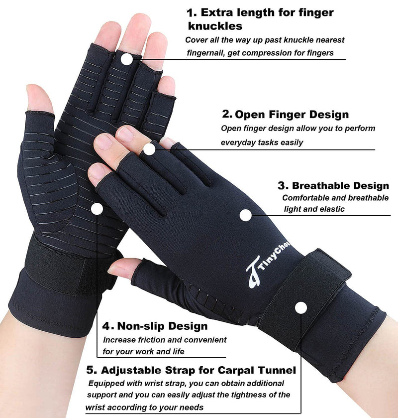 Tiny Chou 2 Pairs Copper Compression Arthritis Gloves with Adjustable Strap for Carpal Tunnel,Typing,Support (Small/Medium (2 Pairs)) Black Small/Medium (2 Pairs) - NewNest Australia