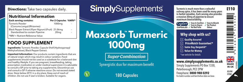 Turmeric 1000mg Maxsorb Curcumin 180 Capsules | Black Pepper Extract Bioperine® for Maximum Support | Vegan & Vegetarian Friendly | Natural Digestive Aid | Manufactured in The UK - NewNest Australia