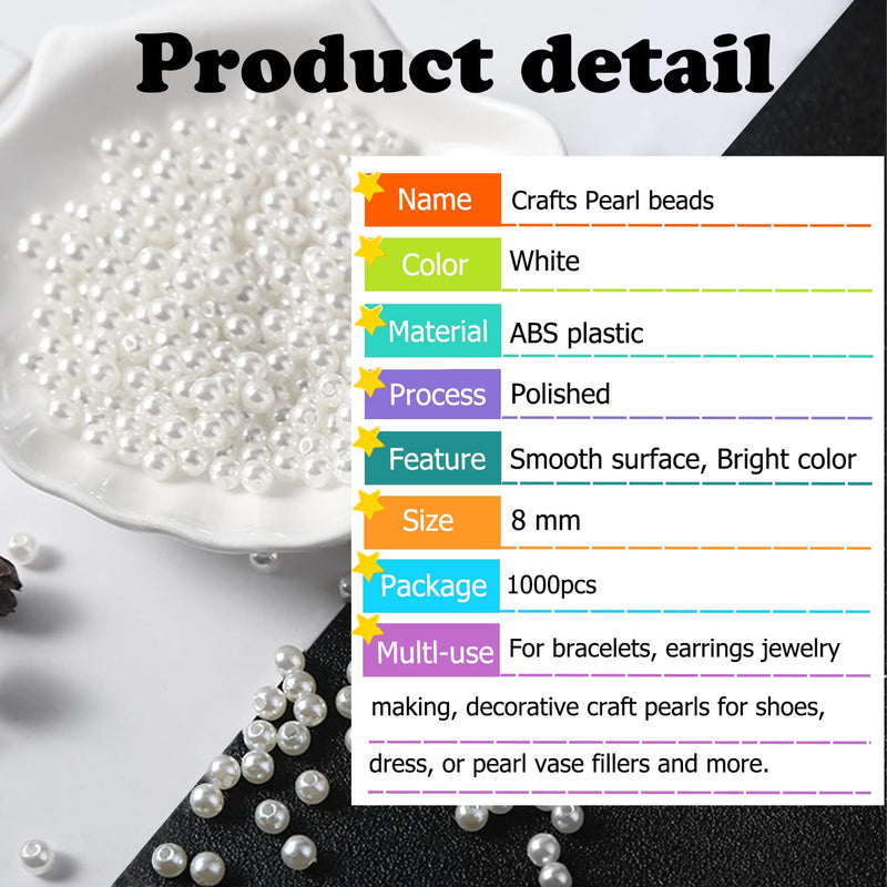 HILELIFE Pearl Beads for Jewelry Making - 1000 PCS 8mm White Pearls for Jewelry Making, Pearls for Crafts, Round Loose Pearls Beads with Hole for Necklaces Bracelets Earrings Choker Making White 1000pcs - NewNest Australia