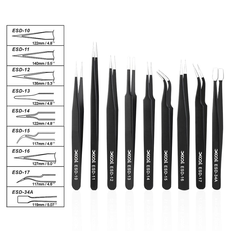 Precision Tweezers Set, XOOL 9 PCS ESD Tweezers Set, Anti-Static Stainless Steel Tweezers Kit, Non-magnetic and Multi-standard Stainless Steel Tweezers for Lab, Electronics, Jewelry and Detailed Work ESD Tweezers 9 PCS - NewNest Australia